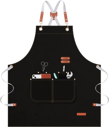 GNDKDY Delantal de chef con bolsillos, delantal de trabajo negro para hombres y mujeres, delantales de cocinajardineríapeluquería para cocinar,