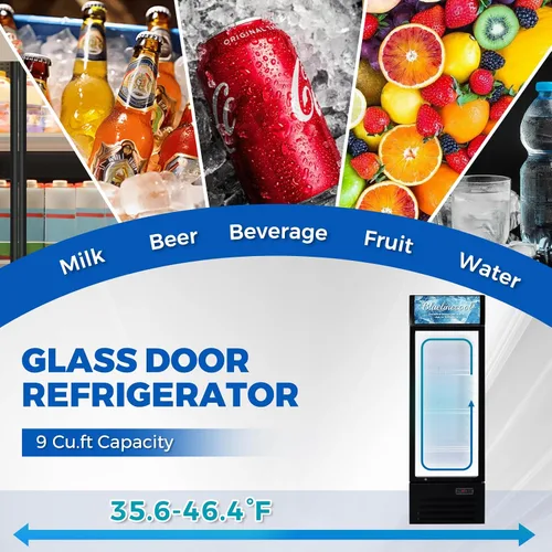 Miniatura 5 de Refrigeradores comerciales Bluelinecool 9 pies cúbicos verticales para exhibición, enfriador de bebidas con puerta de vidrio y luz LED, estantes