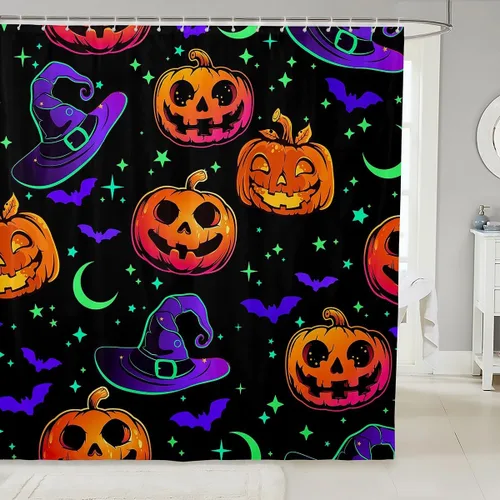 Miniatura 7 de Erosebridal Juego de cortinas de ducha góticas espeluznantes para bañeras, farol de calabaza, cortina de baño para niños, telarañas fantasmas, Multi