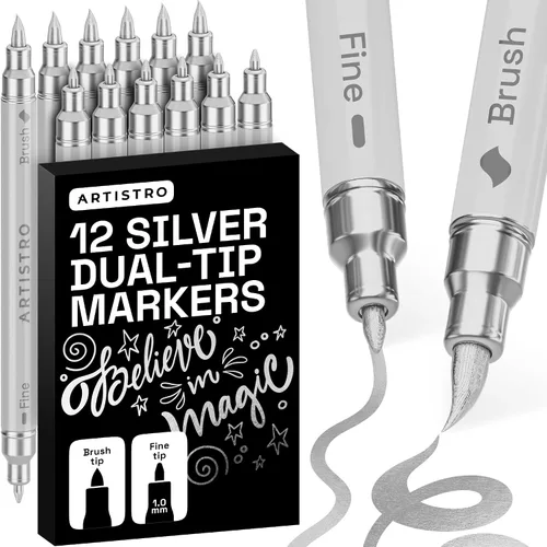 Miniatura 38 de ARTISTRO 5 marcadores de pintura acrílica negra, bolígrafos de pintura de doble punta + pincel fino ideal para caligrafía, perfectos para tela