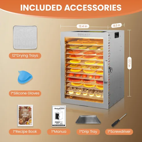 Miniatura 7 de Máquina Deshidratadora de Alimentos con 12 Bandejas de Acero Inoxidable, 10.9 pies² Deshidratador de Carne para Cecina, Secador de 800W