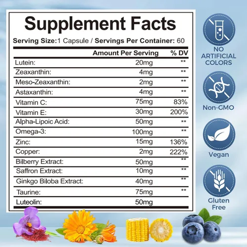 Miniatura 7 de VisioVance Fórmula avanzada 15 en 1 para ojos, vitamina ocular y suplemento mineral con luteína, zinc, luteolina, zeaxantina y extracto de arándano
