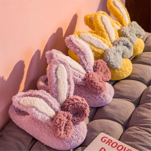 Miniatura 4 de Pantuflas de algodón de conejo de orejas largas para mujer, pantuflas de invierno para el hogar, pantuflas cálidas de felpa para el hogar, bonitas