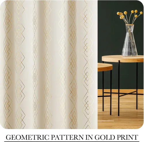 Miniatura 3 de Cortinas 100% opacas para dormitorio, cortinas metálicas geométricas de diamante en oro sobre blanco 63 pulgadas de largo, cortinas oscuras