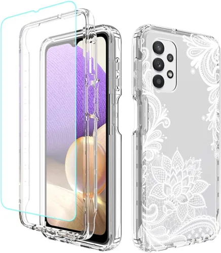 Funda protectora de cuerpo completo para Samsung Galaxy A32 5G y M32 5G, diseño floral transparente, protector de pantalla de vidrio templado, funda