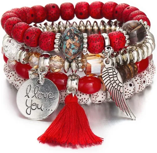 Brazalete apilable para mujer Vonru, diseño vintage de abalorios de colores, con múltiples capas, estilo bohemio, con piedras natales, para yoga, la
