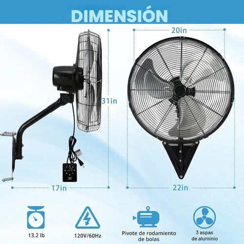 Miniatura 2 de Ventilador de pared de 20 pulgadas, ventilador de pared resistente de 7100 CFM con 3 velocidades e inclinación ajustable, ventiladores oscilantes