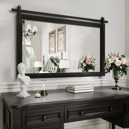 Espejo Negro de Granja para Pared, 40x26 PULGADAS Espejos Grandes de Baño Cuadrados con Marco de Madera para Tocador, Espejos Estilo Puerta de