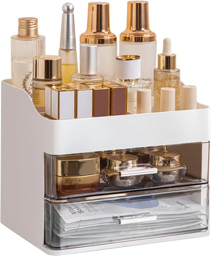 Miniatura 9 de DASITON Organizador de maquillaje con 2 cajones, organizador de cosméticos de maquillaje de gran capacidad para tocador, tocador de baño