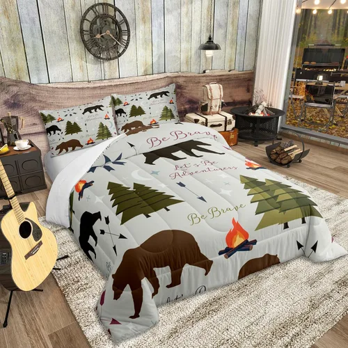 Miniatura 2 de Juego de ropa de cama Happy Camping de Homewish, tamaño individual, con diseño de osos cazadores y pinos, para niños, hombres, adultos, decoración