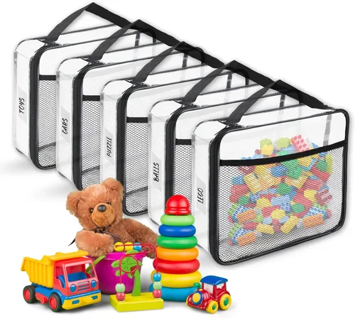 Paquete de 5 bolsas de almacenamiento de juguetes para niños, bolsa organizadora transparente con cremalleras y etiquetas, bolsas de almacenamiento