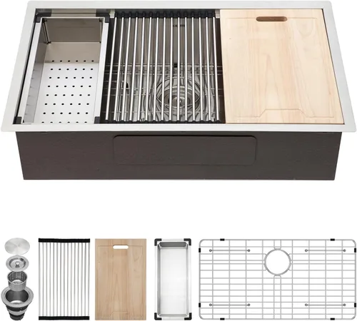 Miniatura 28 de Kichae fregadero de cocina bajo encimera de 32 pulgadas, de un solo tazón, de acero inoxidable, calibre 16, de esquina redonda, hecho a mano