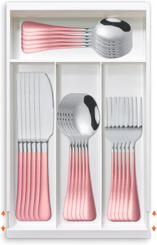 Miniatura 11 de Juego de cubiertos de 24 piezas con organizador, juego de cubiertos de acero inoxidable resistente para 6, juego de cubiertos rosa con mango