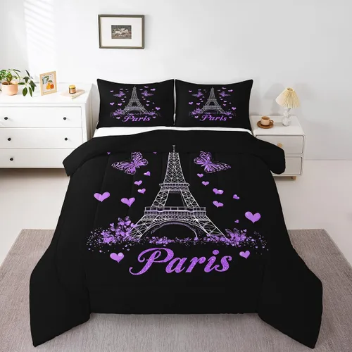Miniatura 8 de Manfei Juego de edredón de la Torre Eiffel, tamaño individual, edredón de plumón con corazones de mariposa y flores azules con 1 funda de almohada