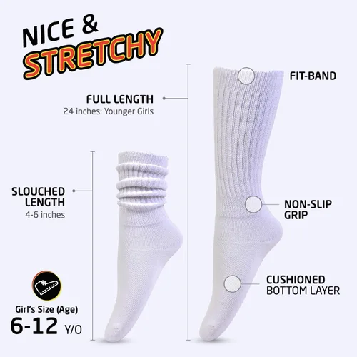 Miniatura 2 de HOT FEET Calcetines holgados para niñas, paquete de 6 calcetines altos apilados, calcetines largos de mezcla de algodón cálido para niños