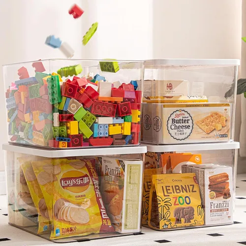 Miniatura 11 de Contenedores de almacenamiento de plástico transparente con tapas - 4 paquetes, contenedores de almacenamiento para aperitivos, cosméticos, libros