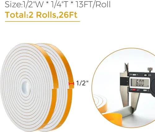 Miniatura 3 de 26 pies de burlete para puerta, sello de puerta de 1/2" de ancho x 1/4" de grosor, tira adhesiva de espuma de alta densidad para insonorización