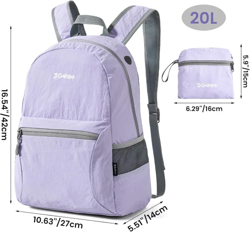 Miniatura 7 de G4Free 20L ligera mochila plegable para viajes y senderismo, mochila de senderismo plegable para hombres y mujeres (Lavanda Claro)
