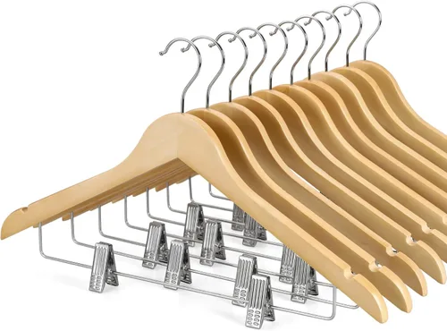 Miniatura 13 de TOPIA HANGER Perchas de madera para trajes con clips de metal ajustables (paquete de 10), perchas de ropa de madera maciza, gancho giratorio