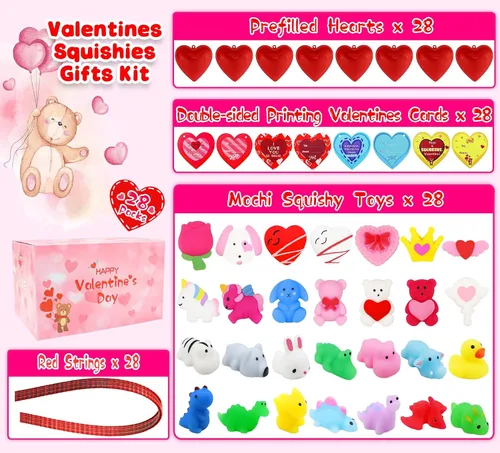 Miniatura 2 de Paquete de 28 regalos para el día de San Valentín para el aula de niños, juguetes blandos Mochi prellenados con tarjetas de San Valentín para niños
