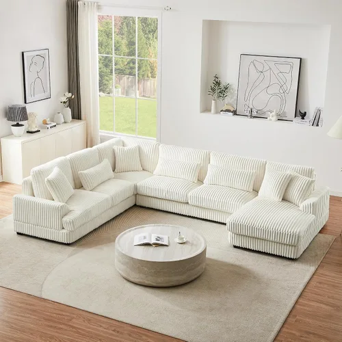Sofá modular de gran tamaño, moderno en forma de U, tapizado en pana suave con una tumbona para sala de estar