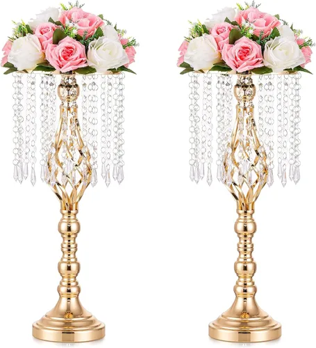 Centros de mesa de jarrones dorados para mesa: soporte de flores de 19.3 pulgadas de alto con patente de cristal para centro de boda, fiesta,