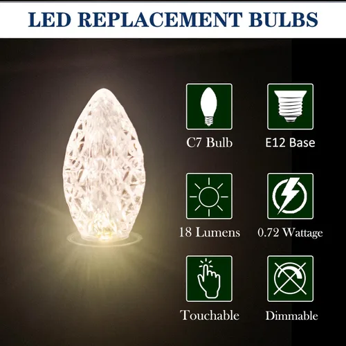 Miniatura 3 de Paquete de 25 bombillas LED C7 de repuesto - Bombillas blancas cálidas atenuables para luces de Navidad de cadena interior y exterior, bombillas LED