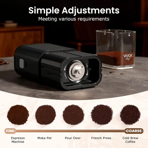 Miniatura 2 de VEVOK CHEF Molinillo de café eléctrico portátil, molinillo de grano de café cónica ajustable, molinillo de un botón con recargable por USB, parada