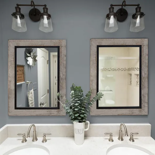 Miniatura 3 de YOSHOOT Espejo de pared con marco de madera rústica, 32 x 24 pulgadas, espejo de tocador de baño de madera natural y hierro para decoración