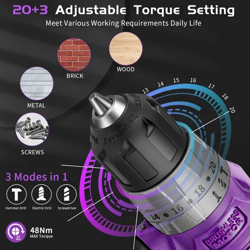 Miniatura 3 de Juego de taladro inalámbrico sin escobillas morado, kit de controlador de potencia compacto de 20 V con motor eléctrico, ajuste de par de 20+3, 48