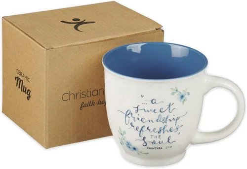Miniatura 6 de Taza de cerámica de arte cristiano azul floral – 14 oz. Taza de café y té inspiradora con escrituras bíblicas apta para microondas y lavavajillas