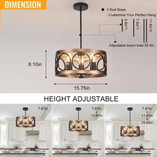 Miniatura 4 de Lámpara de techo para montaje semiempotrado de 3 luces, lámpara de comedor negra de 15.7 pulgadas, lámpara colgante de tambor rústico con acabado