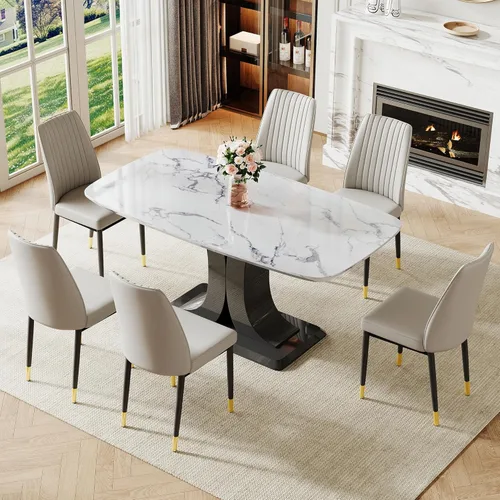Miniatura 21 de Juego de mesa de comedor moderno para 6, juego de mesa de cocina y sillas de mármol para 6, mesa de cocina rectangular con 6 sillas tapizadas