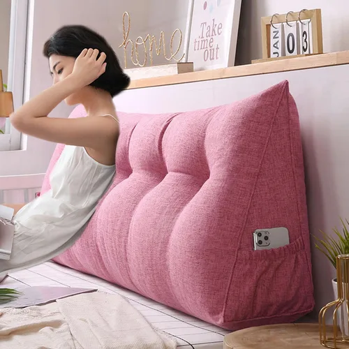 Miniatura 4 de Almohada triangular grande para cabecero de lectura, almohada de lino y algodón para sofá cama, cojín de apoyo de posicionamiento con funda Rosa