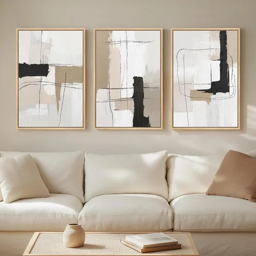 Miniatura 29 de Arte de pared abstracto neutro con marco grande para sala de estar, 3 piezas, impresiones modernas en lienzo para paredes, cuadros negros y beige