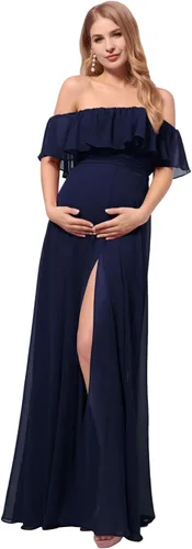 Ever-Pretty Vestido de fiesta de embarazo con hombros descubiertos y abertura lateral larga de gasa con volantes para mujer, vestidos de fotografía