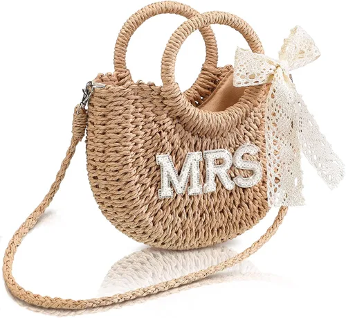 Miniatura 14 de Pinkunn Bolso de paja para novia, bolso tejido a mano, con parches de letras de diamantes de imitación, para despedida de soltera, luna de miel