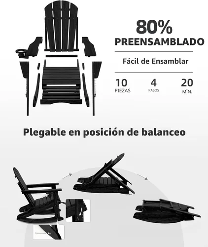 Miniatura 6 de Mecedora plegable Adirondack, silla de patio multifuncional 4 en 1 con otomana retráctil, silla de exterior con textura de madera, silla de césped
