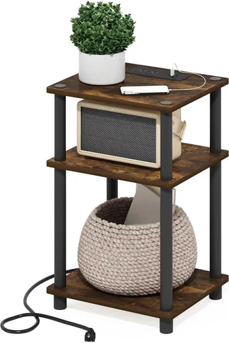 Miniatura 23 de Furinno JUST - Mesa auxiliar moderna de 3 niveles con estación de carga, mesita de noche de fácil montaje, mesita de noche con puerto USB y tipo C