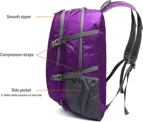 Miniatura 7 de Mochila ligera plegable de 40 litros, mochila de viaje plegable de nailon Ripstop, mochila de senderismo plegable para exteriores (morado)