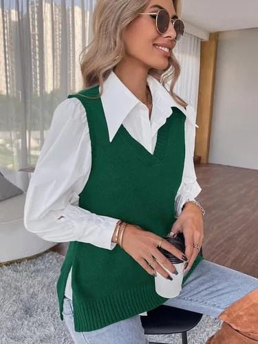 Miniatura 4 de Romwe Suéter de punto con cuello en V para mujer, color liso, con abertura lateral, sin mangas, holgada, blusa sin mangas