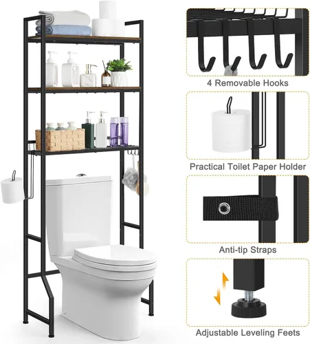 Miniatura 6 de smusei Estante de almacenamiento sobre el inodoro, organizador de baño de 3 niveles sobre el inodoro con ganchos y soporte para papel higiénico