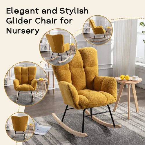 Miniatura 5 de Silla mecedora moderna para cuarto de bebé, silla deslizadora tapizada con respaldo alto, sillón de acento mecedor con patas de madera maciza