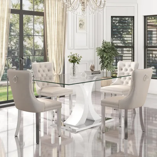 Miniatura 35 de Moderno juego de comedor de cristal de lujo para 6, 63 pulgadas, juego de vajilla rectangular minimalista grande para 6, juego de mesa de cocina