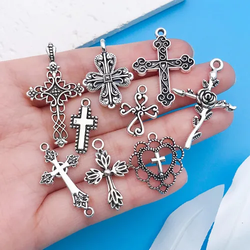 Miniatura 4 de Youdiyla Aleación de plata antigua Cruz serie colgante fabricación de joyas DIY llavero pendientes Diversos diseños dijes para hacer joyas, pulseras