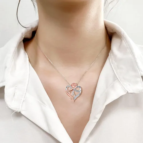 Miniatura 4 de Collares con inicial de corazón de rosa para mujer, collar con dije de letra de corazón de amor infinito CZ A-Z para adolescentes y niñas