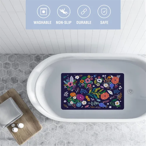 Miniatura 2 de Tapete de baño floral bohemio morado antideslizante con flores abstractas para ducha, tapete de baño botánico para bañera con ventosas y agujeros