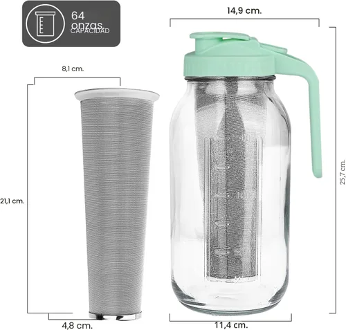 Miniatura 2 de Cafetera de preparación en frío, jarra Mason de boca ancha de 64 oz con filtro de acero inoxidable, tapa con asa y pico vertedor, vidrio resistente