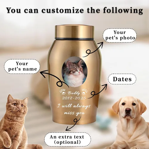 Miniatura 4 de Urna personalizada para mascotas para perros y gatos, urna personalizada de acero inoxidable de alta calidad para cenizas de perro con foto grabada