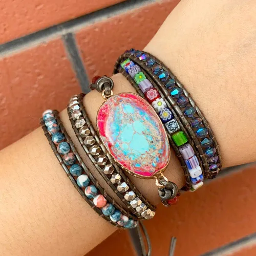 Miniatura 46 de ZOSOJONA - Pulseras bohemias hechas a mano de piedra natural, que dan vuelta, con cuentas de cristal de turquesa